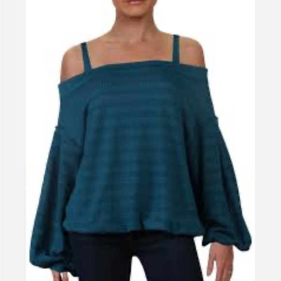 Free People XS Blouse Top Sistine Hacci Cold Shoulder Long Sleeve Teal Textured - Picture 1 of 8